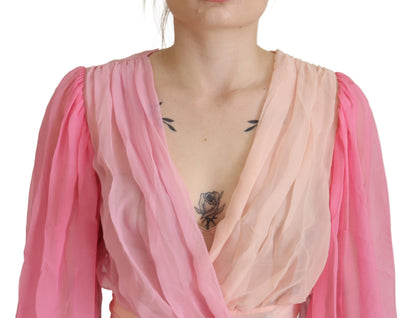 Rosa Seiden-Wickelbluse mit langen Ärmeln Top
