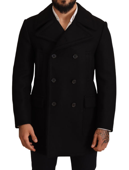 Schwarzer Wolltrench Peacoat Jacke