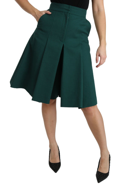 Grüner Faltenrock in A-Linie mit hoher Taille aus Baumwolle