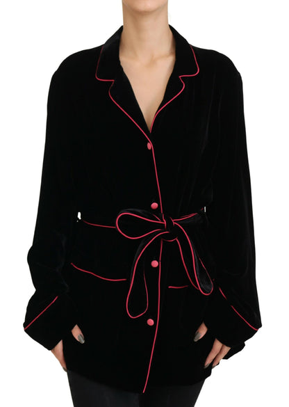 Schwarzer Blazer mit Gürtel und Knöpfen Viskosejacke