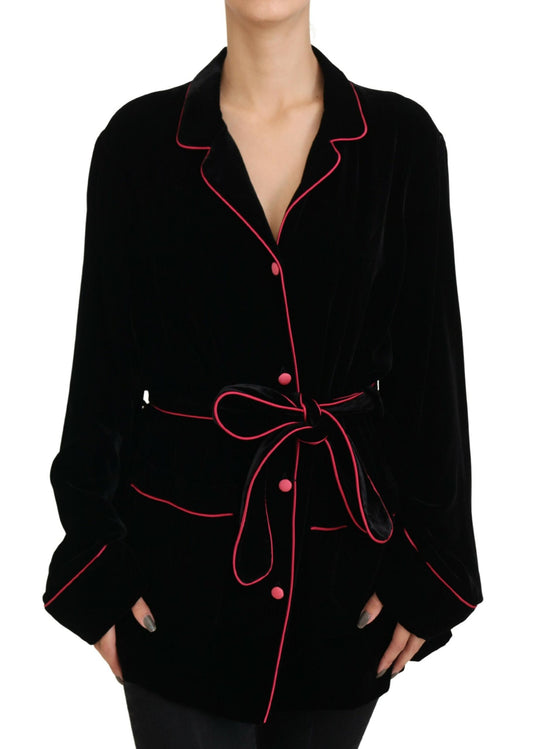 Schwarzer Blazer mit Gürtel und Knöpfen Viskosejacke