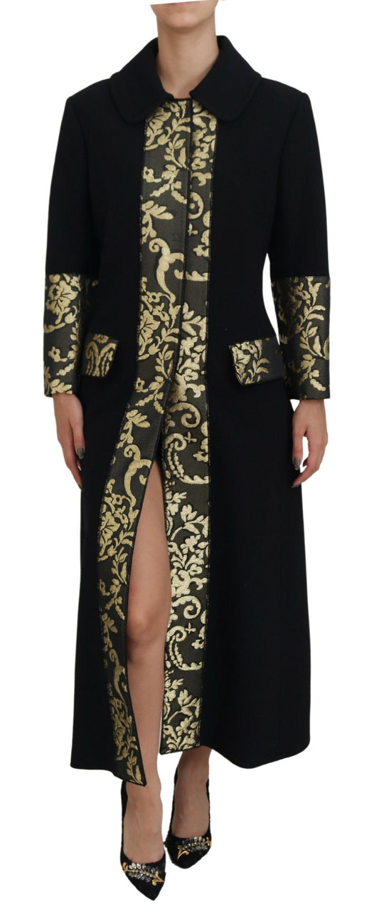 Schwarz Gold Jacquard Langer Trenchcoat Jacke