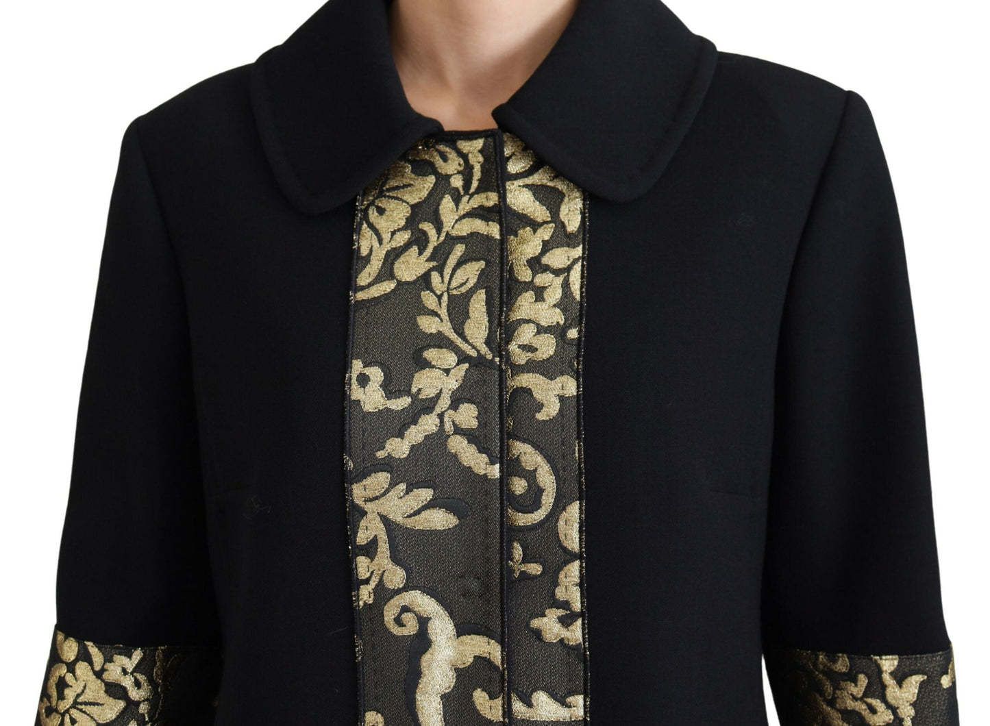 Schwarz Gold Jacquard Langer Trenchcoat Jacke