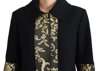 Schwarz Gold Jacquard Langer Trenchcoat Jacke