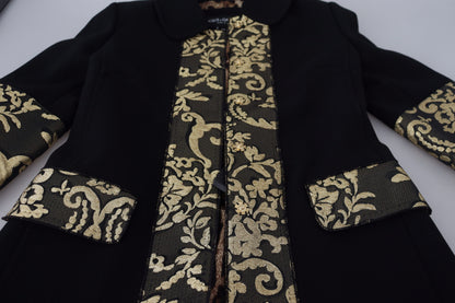 Schwarz Gold Jacquard Langer Trenchcoat Jacke