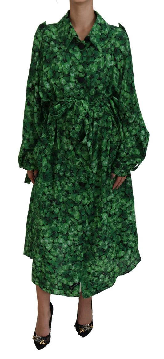 Grüner Blätterdruck Seiden-Trenchcoat Jacke