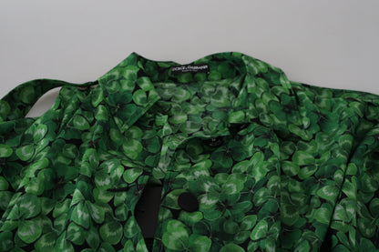 Grüner Blätterdruck Seiden-Trenchcoat Jacke