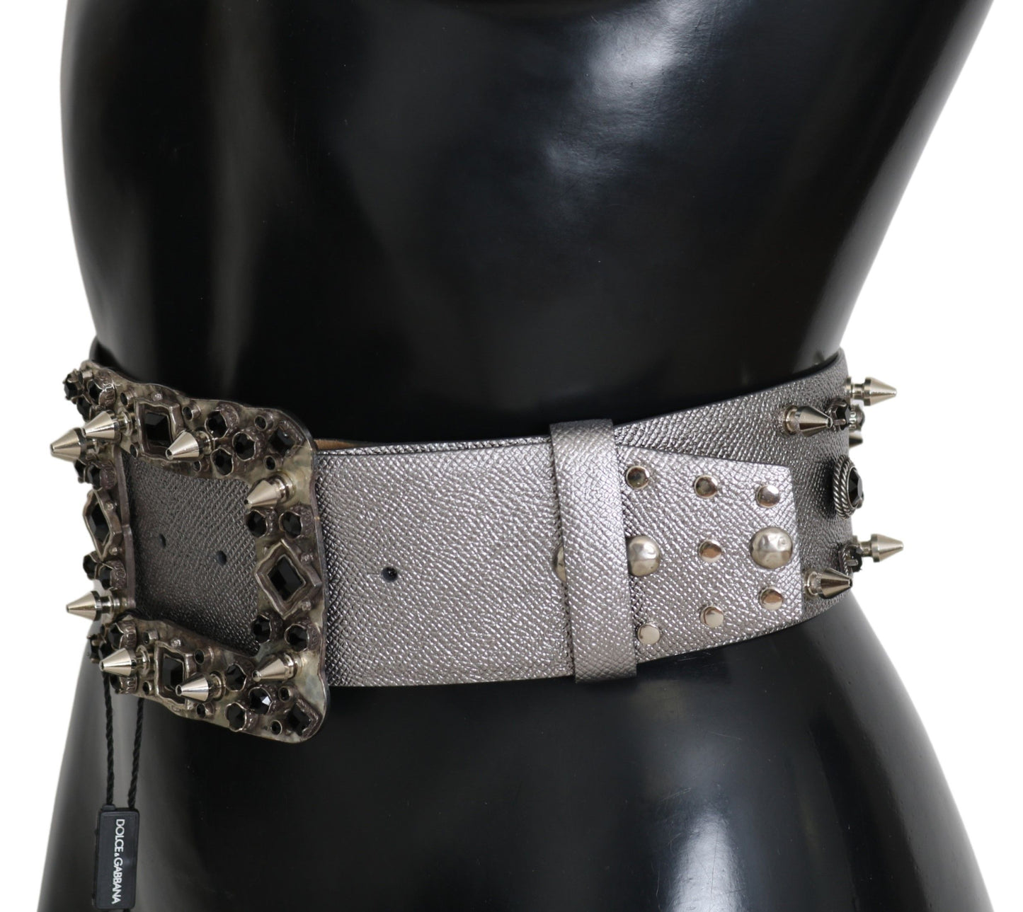Silberner Leder-Gürtel mit Logo-Schnalle und Kristall-Nieten