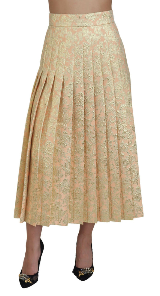 Beigefarbener Plissee-Midirock aus Blumenjacquard