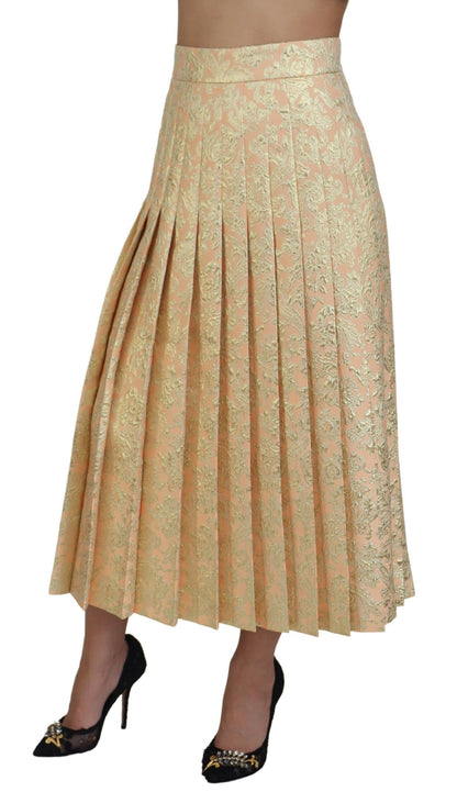 Beigefarbener Plissee-Midirock aus Blumenjacquard