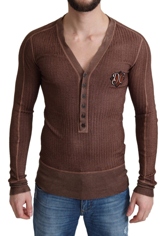 Braune Logo-Knopf-Strickjacke mit V-Ausschnitt