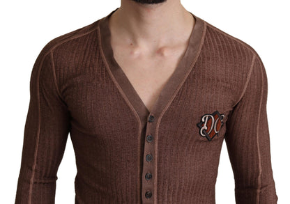 Braune Logo-Knopf-Strickjacke mit V-Ausschnitt