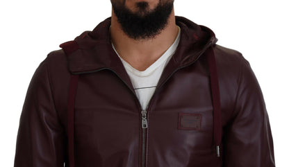 Kastanienbraune Lederjacke mit Kapuze und Reißverschluss