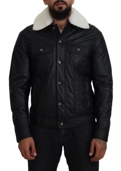 Schwarzes Lammleder mit Kragen Herrenmantel Jacke