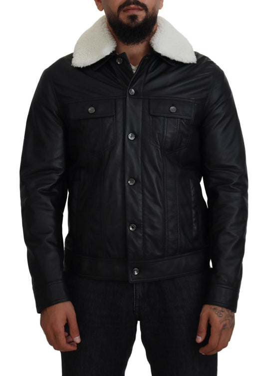 Schwarzes Lammleder mit Kragen Herrenmantel Jacke