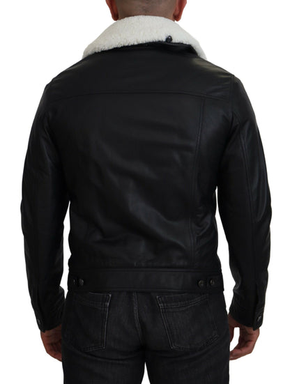 Schwarzes Lammleder mit Kragen Herrenmantel Jacke