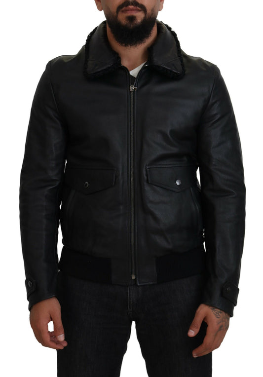 Schwarzes Lammleder mit Kragen Herrenmantel Jacke