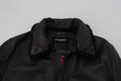 Schwarzes Lammleder mit Kragen Herrenmantel Jacke