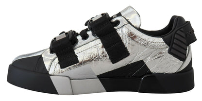 Schwarz Silber Leder Low Top Sneakers Freizeitschuhe