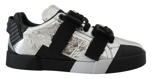 Schwarz Silber Leder Low Top Sneakers Freizeitschuhe