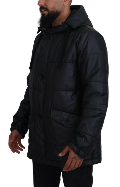 Schwarzer Polyester-Parka-Mantel mit Kapuze Winterjacke