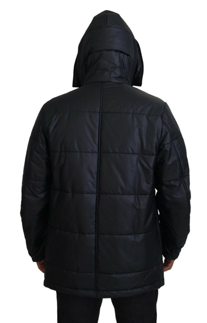 Schwarzer Polyester-Parka-Mantel mit Kapuze Winterjacke
