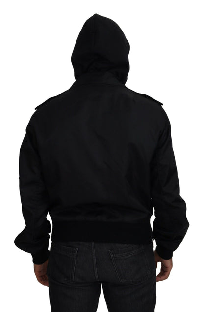 Schwarzes Nylon mit Kapuze und durchgehendem Reißverschluss Männer Mantel Jacke