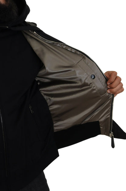 Schwarzes Nylon mit Kapuze und durchgehendem Reißverschluss Männer Mantel Jacke