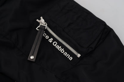 Schwarzes Nylon mit Kapuze und durchgehendem Reißverschluss Männer Mantel Jacke