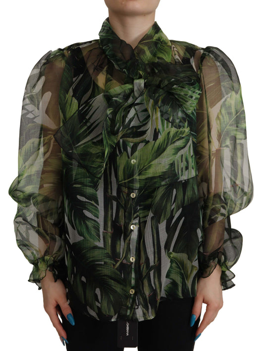 Grünes Bananenblatt Seidenoberteil Shirt Bluse