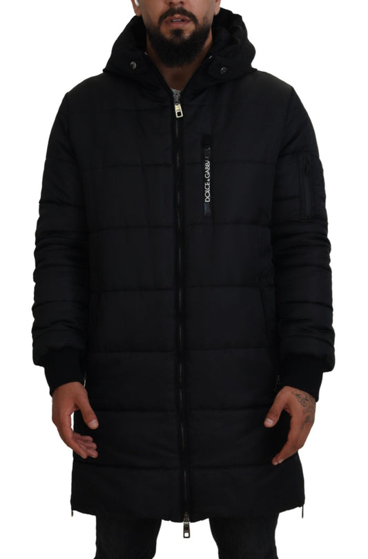 Schwarzer Nylon-Parka-Mantel mit Kapuze Winterjacke