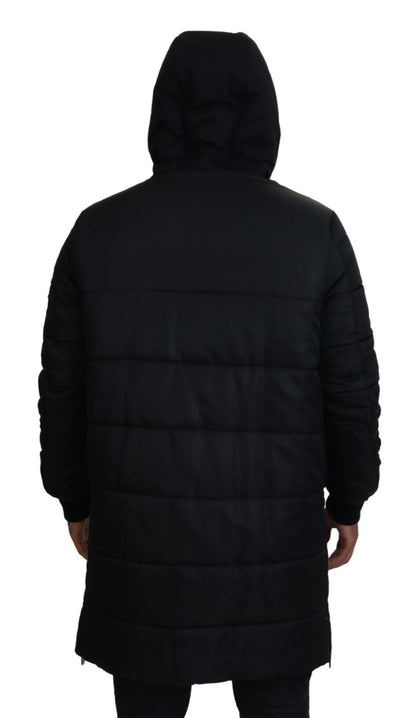 Schwarzer Nylon-Parka-Mantel mit Kapuze Winterjacke