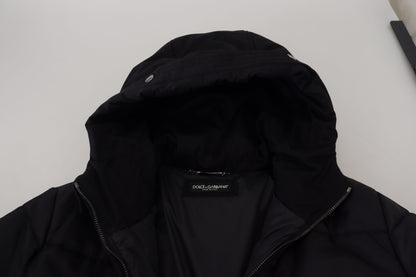Schwarzer Nylon-Parka-Mantel mit Kapuze Winterjacke