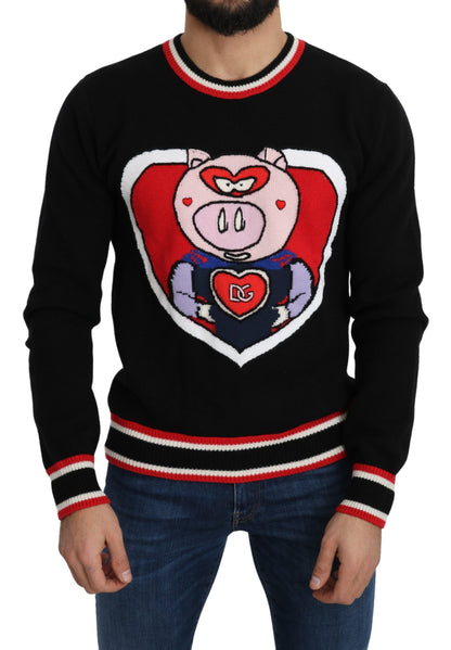 Schwarzer Kaschmir-Pullover Schwein des Jahres