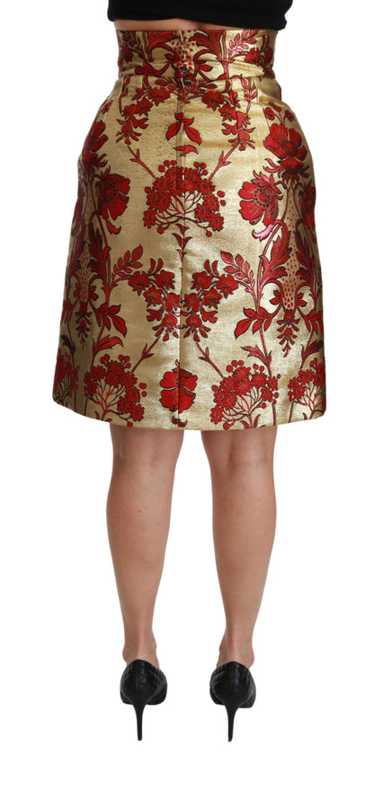 Goldfarbener floraler Jacquard-Minirock mit hoher Taille