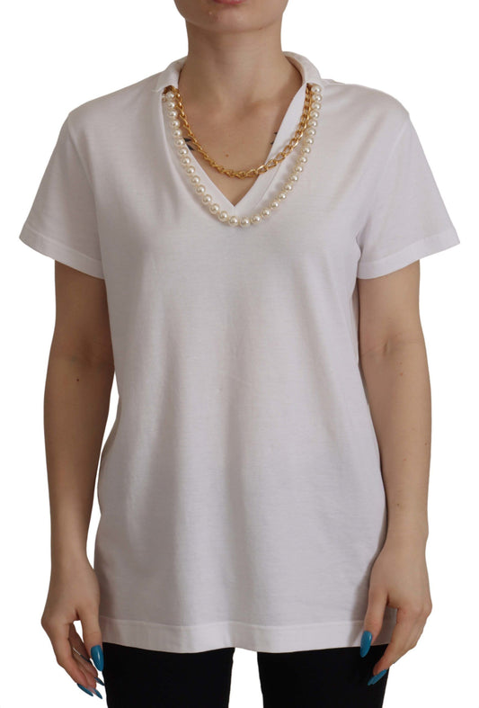 Weißes T-Shirt-Top mit verschönertem Halsausschnitt