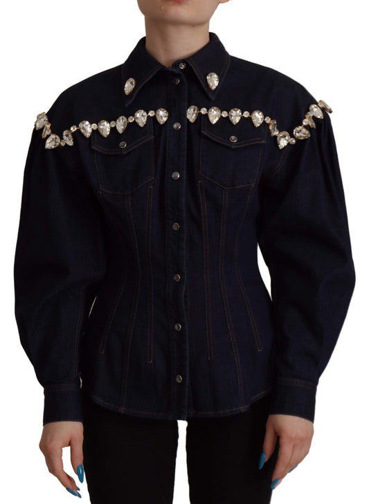 Blaue Denim Jacke aus Baumwolle mit Kristallverzierung