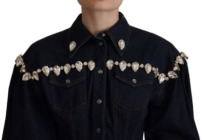 Blaue Denim Jacke aus Baumwolle mit Kristallverzierung