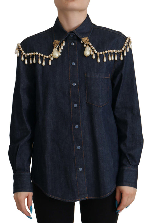Blaues Denim-Top mit Perlenverzierung und langen Ärmeln