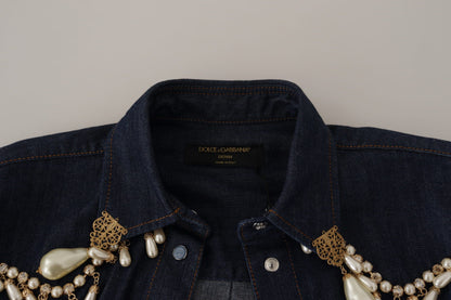 Blaues Denim-Top mit Perlenverzierung und langen Ärmeln