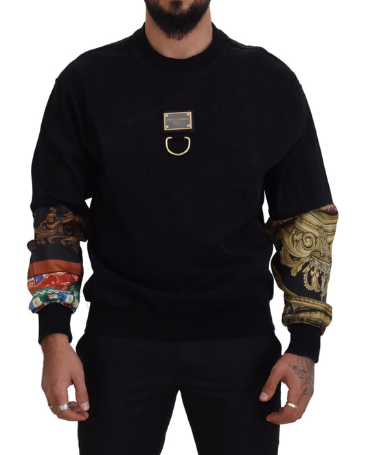 Schwarzer Baumwollpullover mit Rundhalsausschnitt und Logo-Pullover