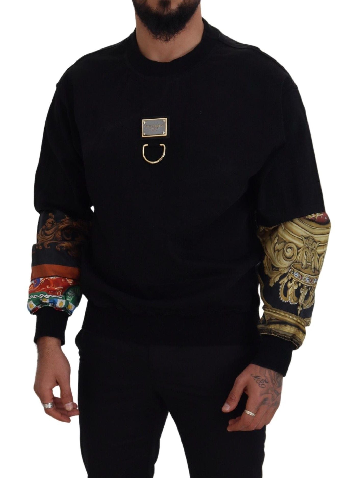 Schwarzer Baumwollpullover mit Rundhalsausschnitt und Logo-Pullover