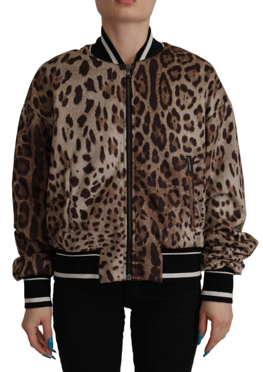 Braune Jacke mit Leopardenmuster und durchgehendem Reißverschluss aus Nylon