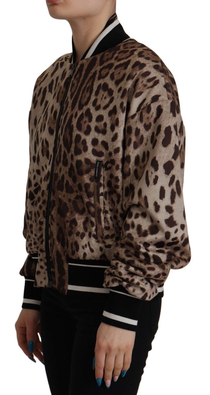 Braune Jacke mit Leopardenmuster und durchgehendem Reißverschluss aus Nylon