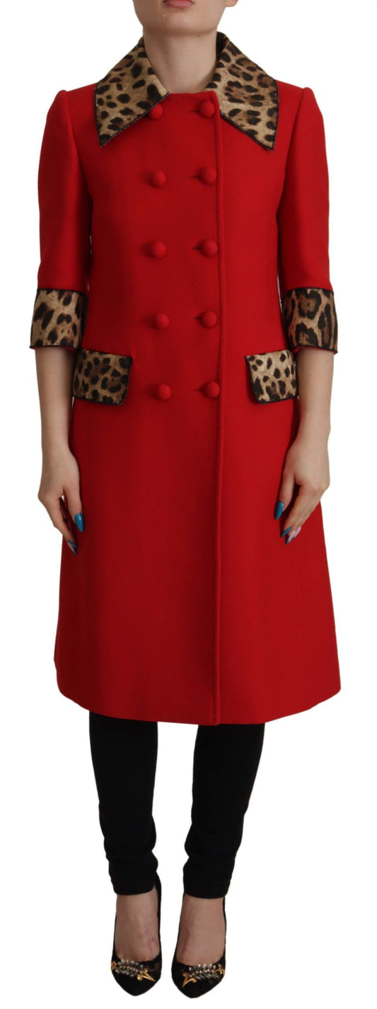 Trenchcoat-Jacke aus Wolle mit rotem Leopardenmuster