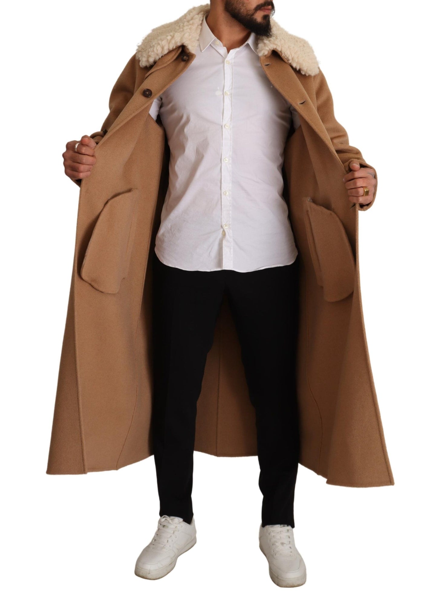 Beige Kamelhaar Kaschmir Shearling Mantel Jacke