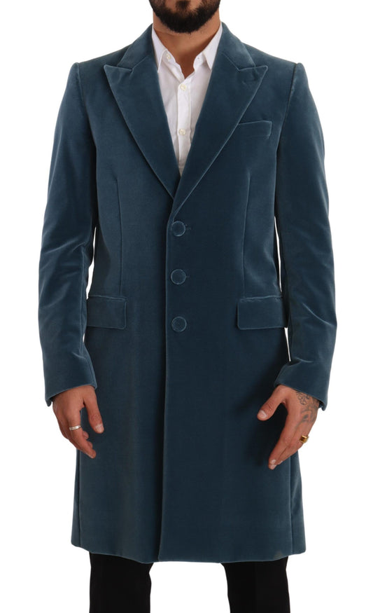 Blauer Baumwollsamt Long Overcoat Jacke