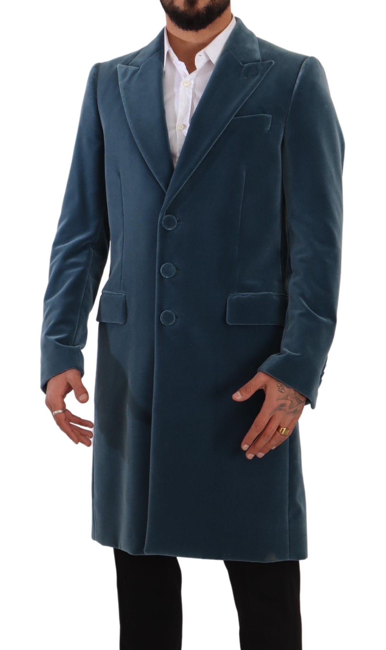 Blauer Baumwollsamt Long Overcoat Jacke