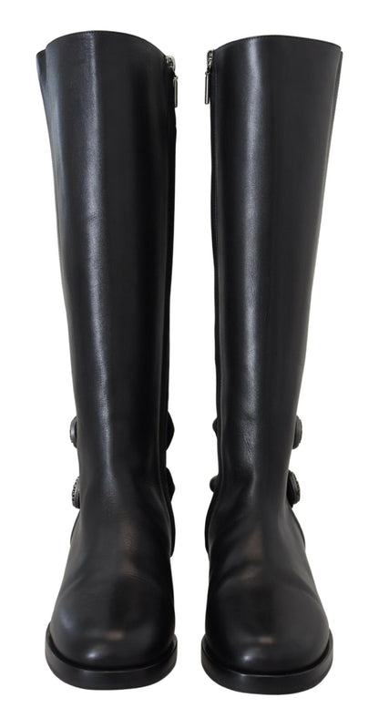Schwarz Kalbsleder Biker Frauen Stiefel Schuhe