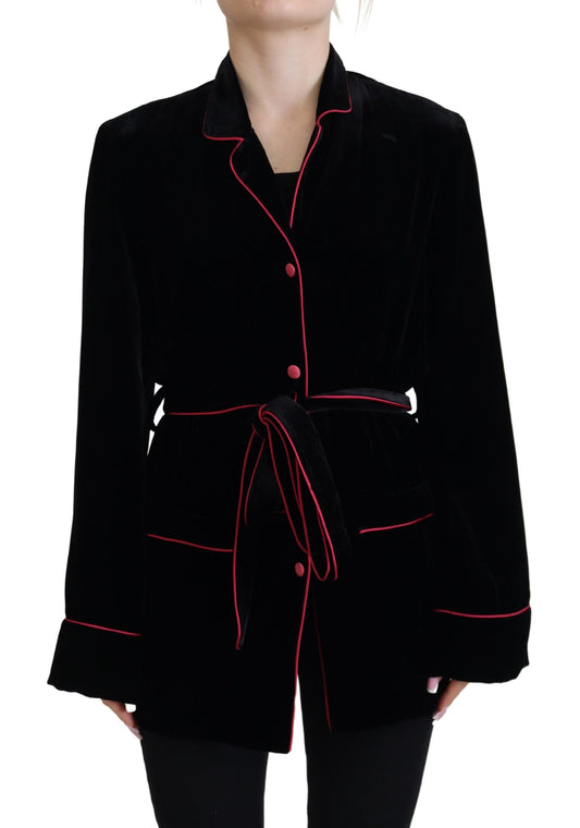 Schwarzer Blazer mit Gürtel und Knöpfen Viskosejacke